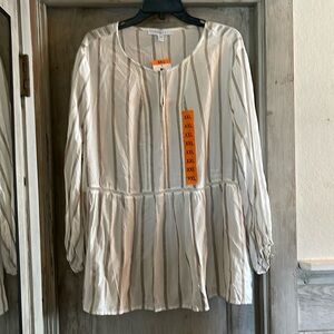 NWT Coastal Flowy Ivory Peplum Balloon Sleeve Crochet Detail Striped Blouse XXL